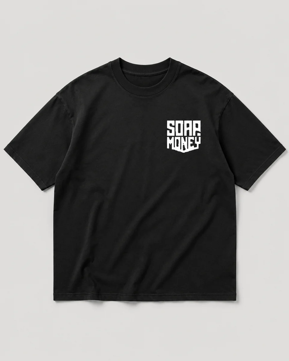 Soap Money Tees black heavy GSM tee front with small chest logo