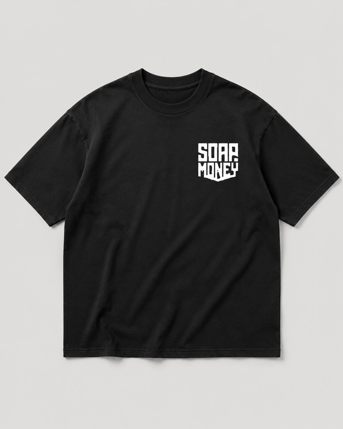 Soap Card Tees limited edition black tee front with Soap Money chest logo