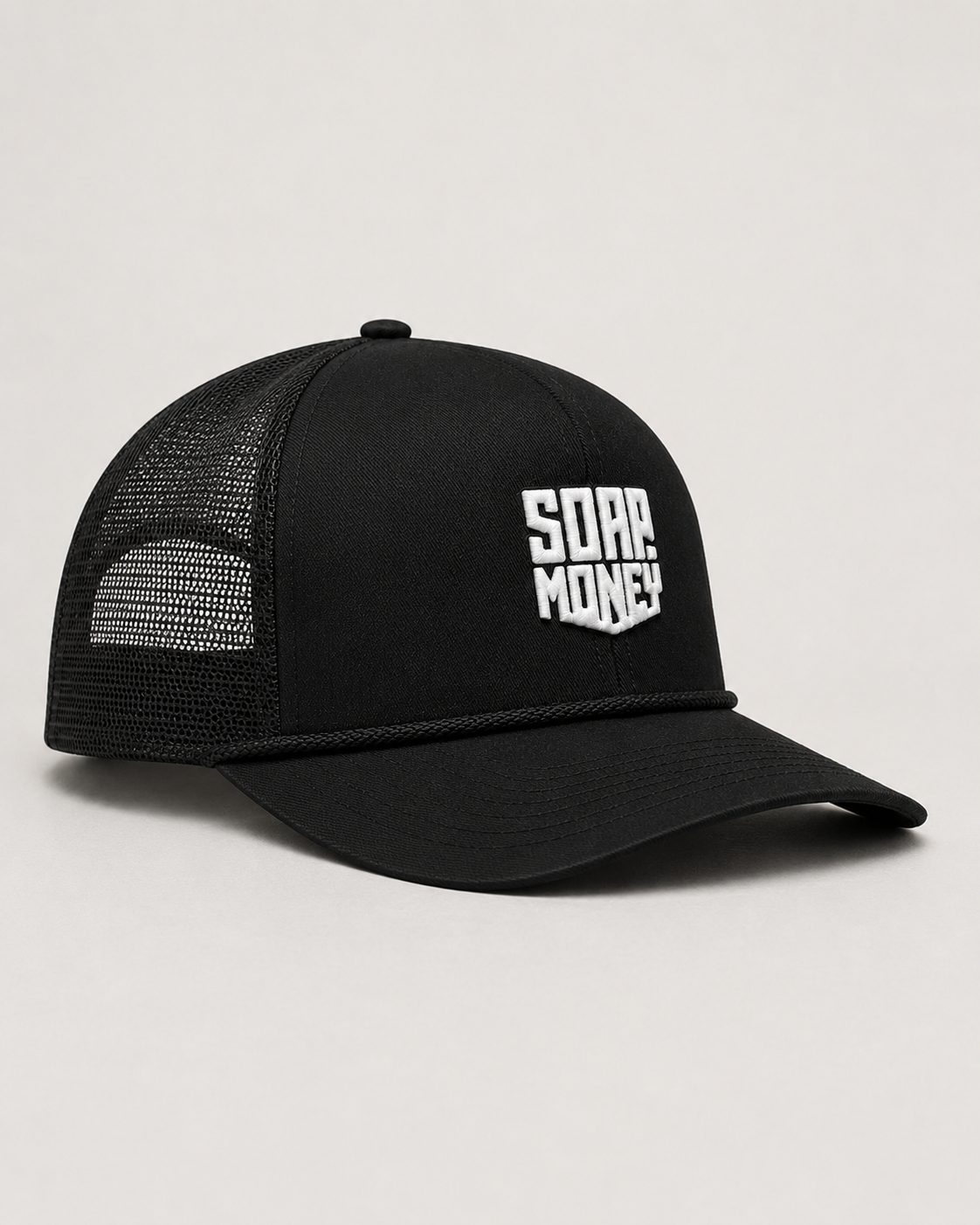 Soap Money black mesh trucker hat with white embroidered front logo