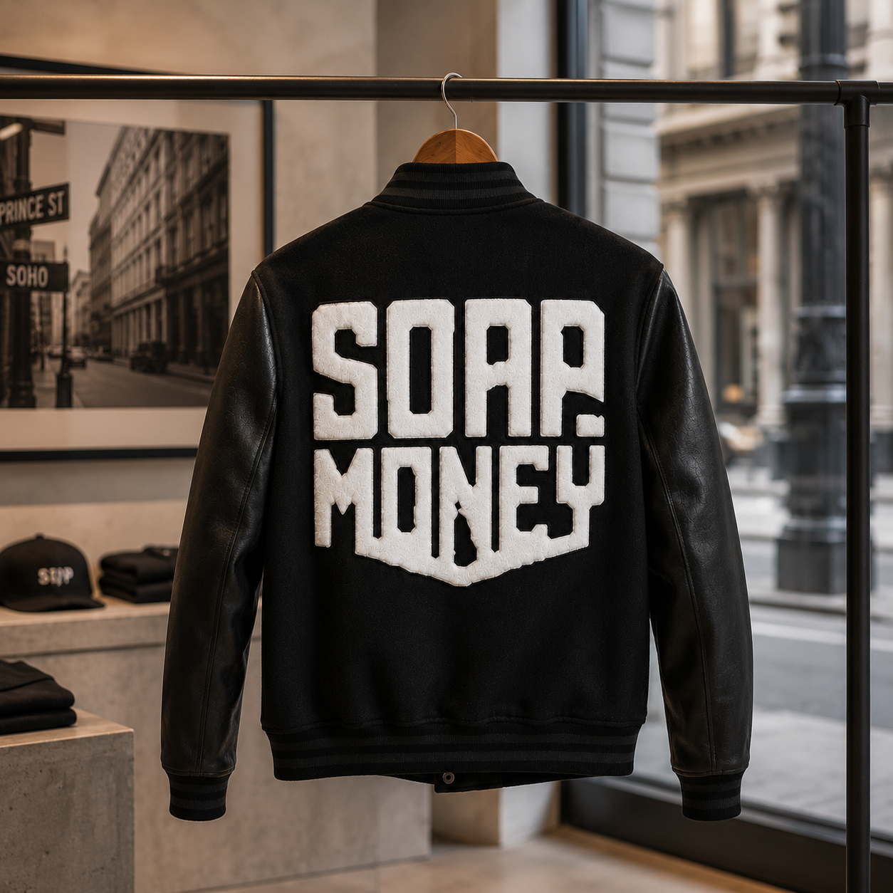 Soap Money black varsity jacket hanging in boutique with large white back logo